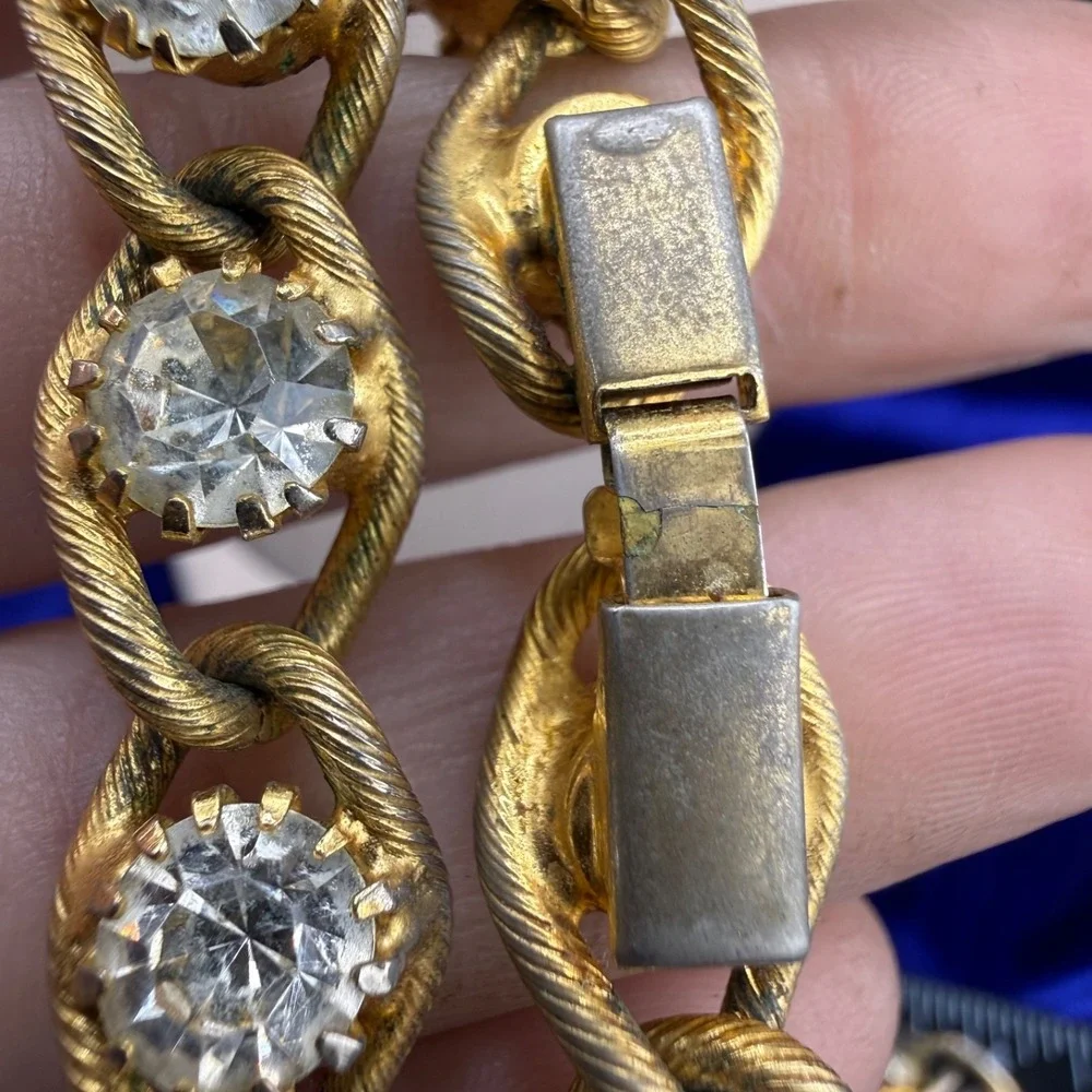 Vintage Estate Necklace Gold Rhinestone Chunky Textured Chain 32in